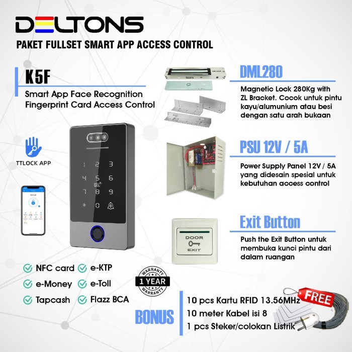 

Deltons Paket Smart Access Control Door K5F Face Recognition Akses Wajah Magnetic Lock RFID - No Touch