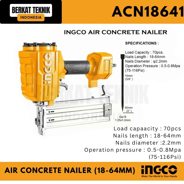 

Air Concrete Nailer (18-64 mm) - Paku Tembak Tembok Beton - INGCO ACN18641