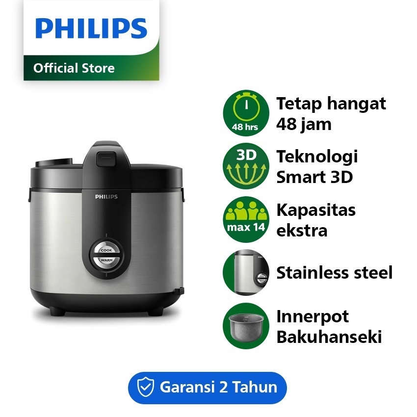 PHILIPS 2L Rice Cooker HD3138/33 - 400Watt Penanak Nasi Analog, Bakuhanseki Pot, perak, mejikom magi
