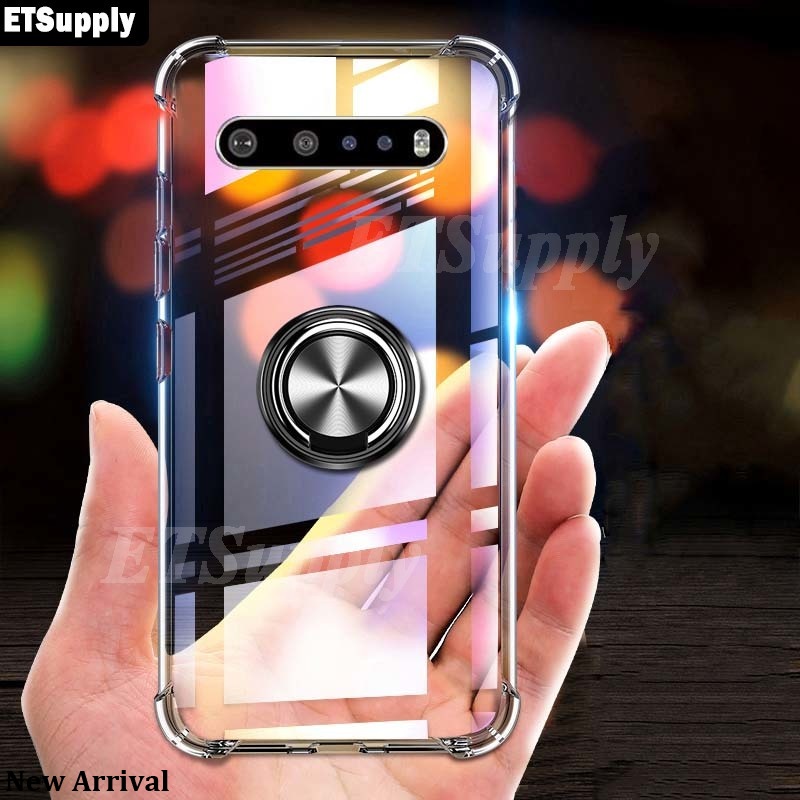 Phone Case LG V60 ThinQ Back Cover Clear Softcase Casing HP Bracket Ring Airbag Protection Cover for