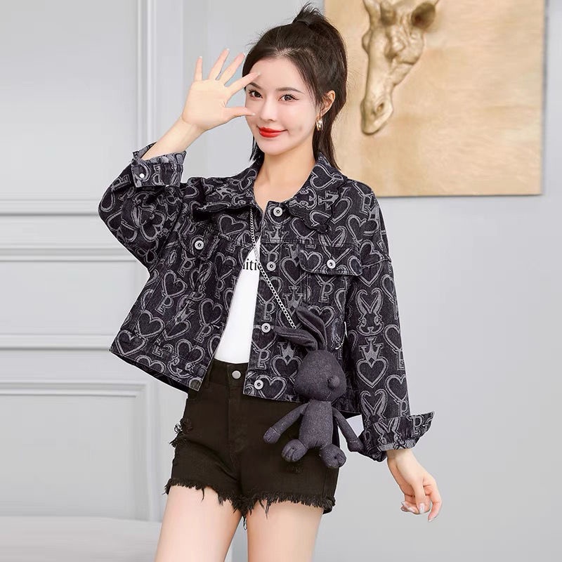Black printed short denim jacket for women