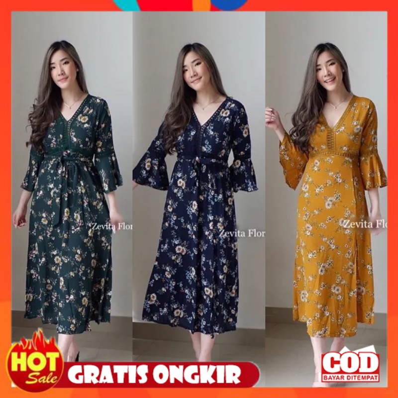 KAIN ADEM HALUS TEBAL / D0332 ZEVITA KOREAN FLORAL VINTAGE MIDI DRESS PANTAI LENGAN PANJANG BALI MUS