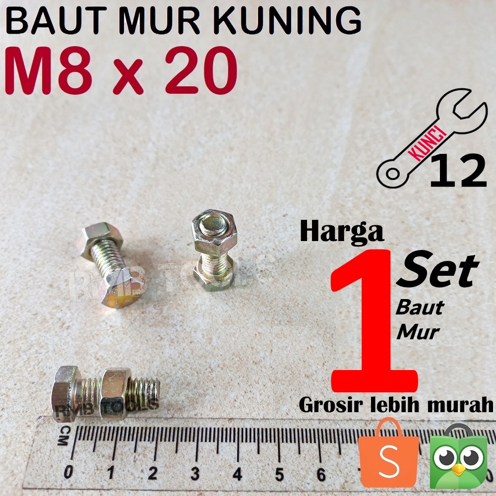 Baut Mur Kuning M8 x 20 (2cm) Hex Besi BMK Kunci 12 K12 Grade 4.6 Murah M8