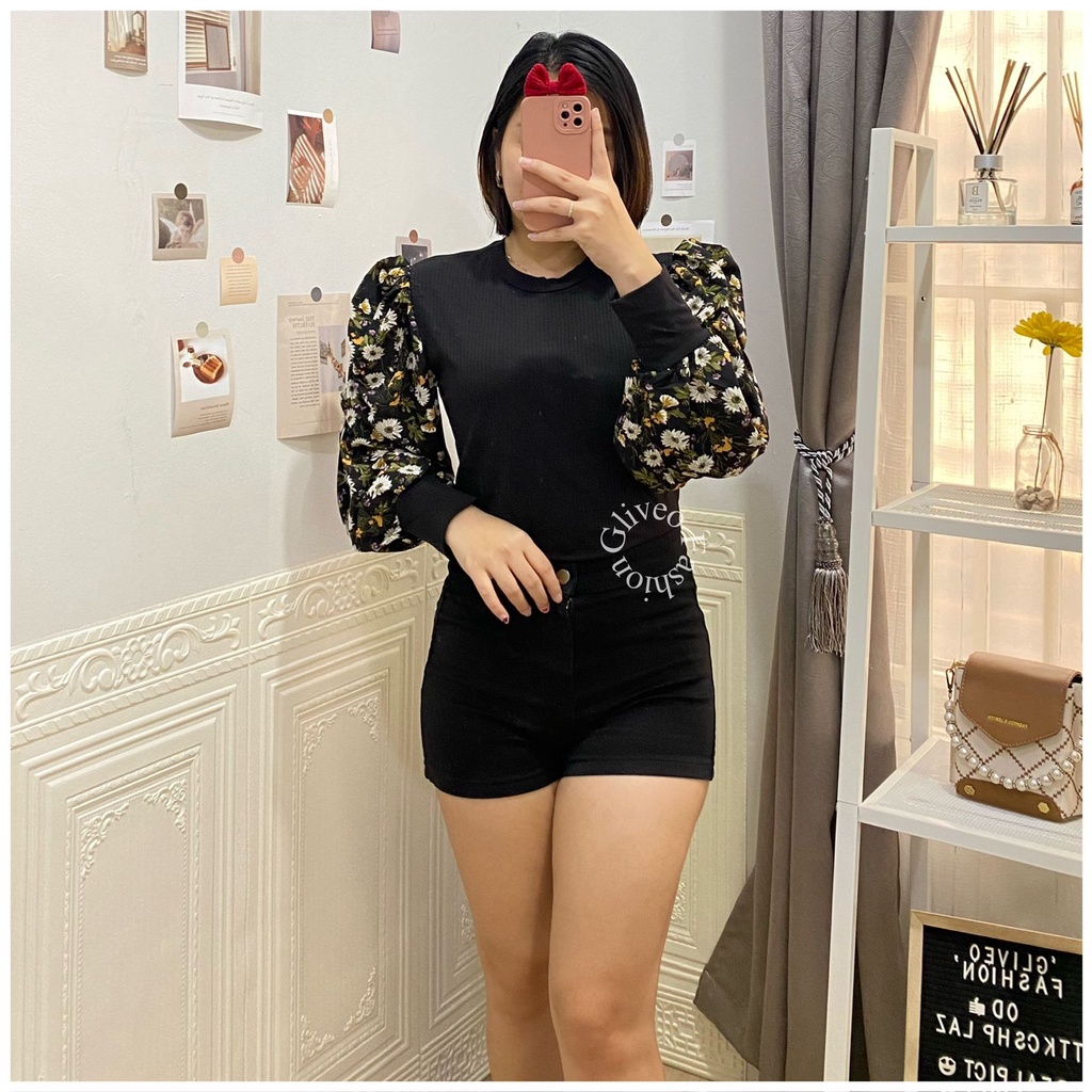 BLOUSE RAJUT TANGAN BALON BUNGA RAJUT IMPORT / ATASAN FASHION WANITA / BLOUSE LENGAN BALON / ATASAN 