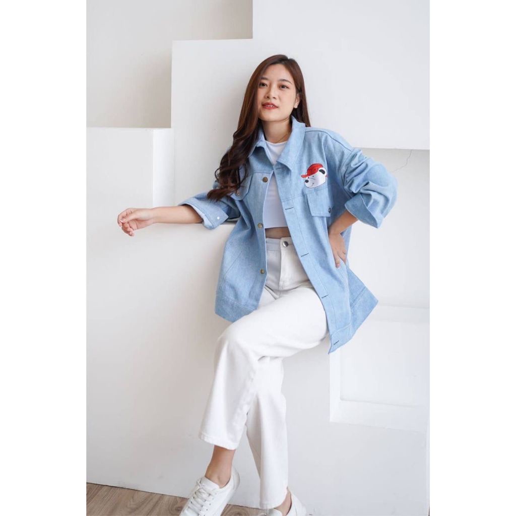 ATASAN OUTER JAKET BEAR COOL MOTIF SABLON BAGIAN PUNGGUNG VARIASI MOTIF BORDIR DEPAN TANGAN PANJANG 