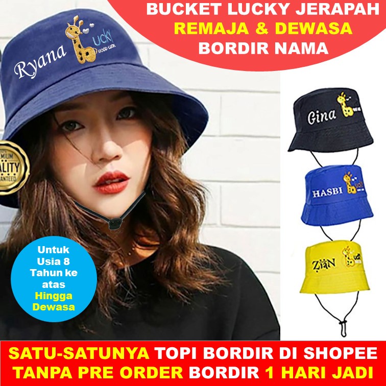 TOPI DEWASA BUCKET NAMA JERAPAH TOPI BUCKET GOOD LUCKY TALI BUCKET BORDIR NAMA