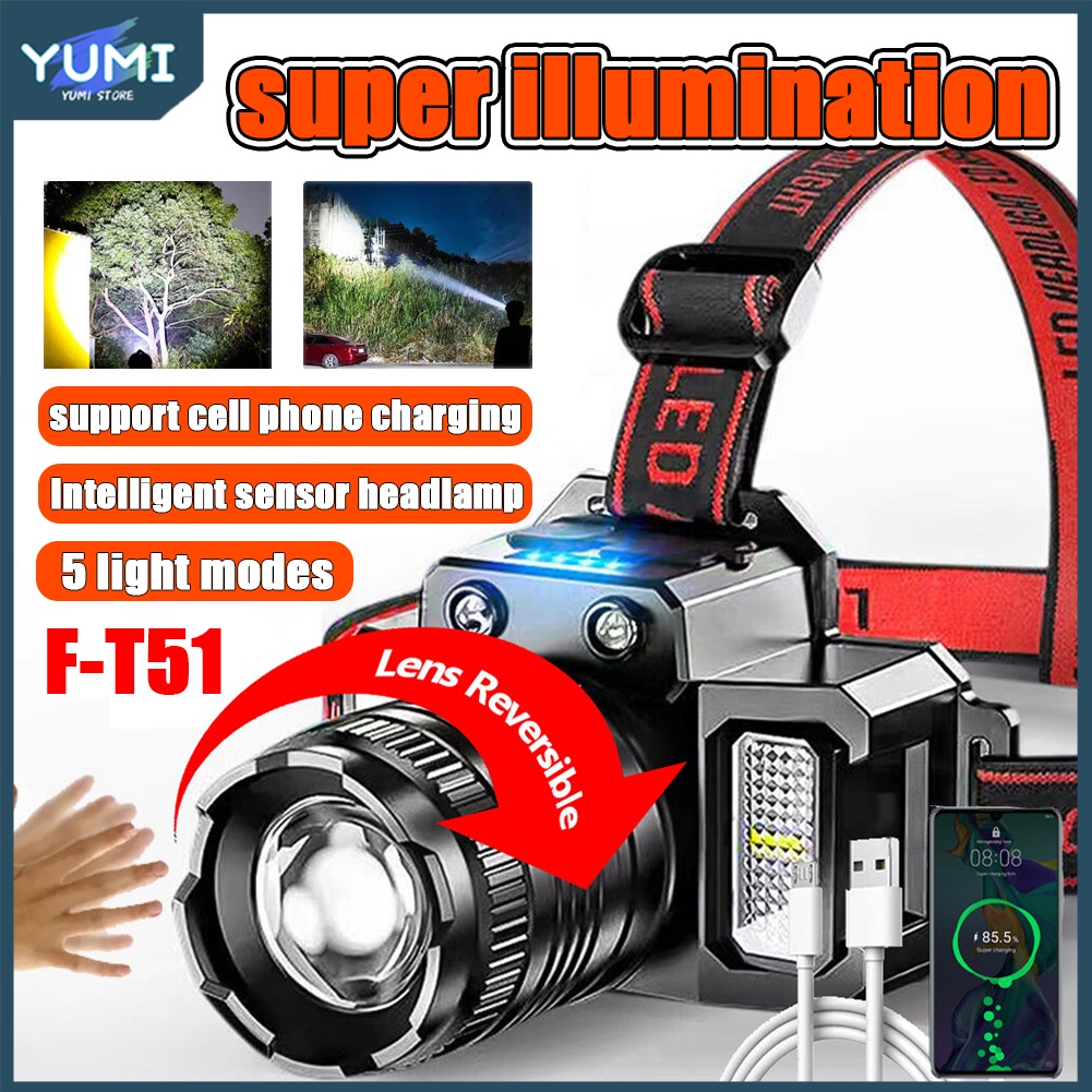 NR Lampu Kepala LED/Headlamp F-T51/Super Terang 5000 Lumen/USB Charging Senter/Dengan Sensor