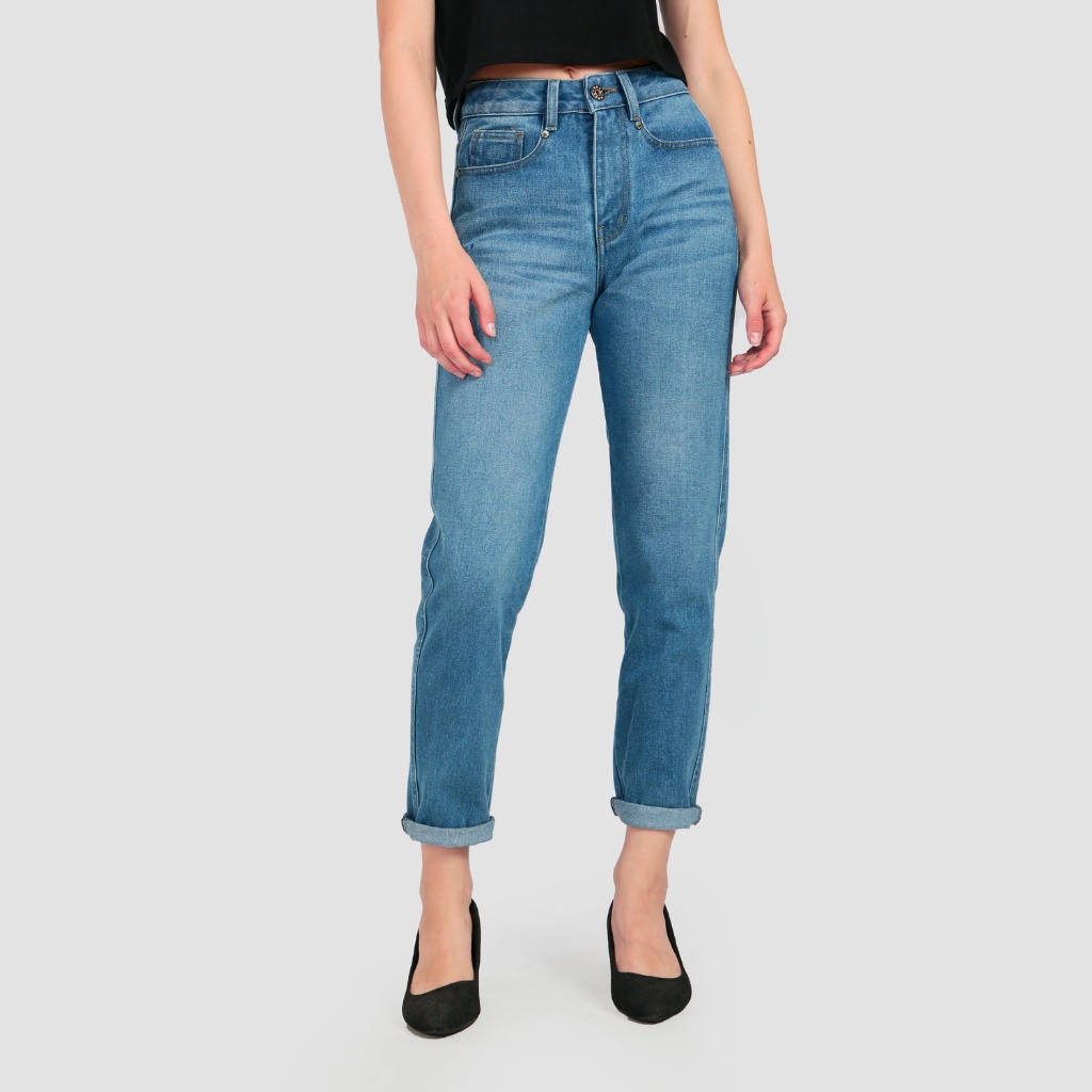 Femei Celana Jeans Low Boyfriend Biru Wanita Pusan High Waist - B2AI23H007BL