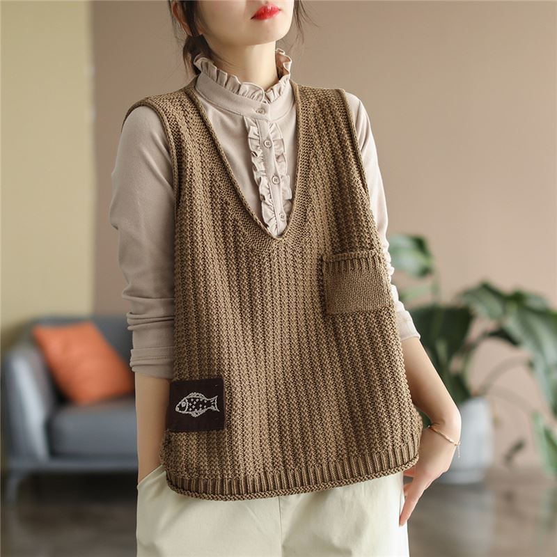 Women's retro casual V-neck vest with knitted vest