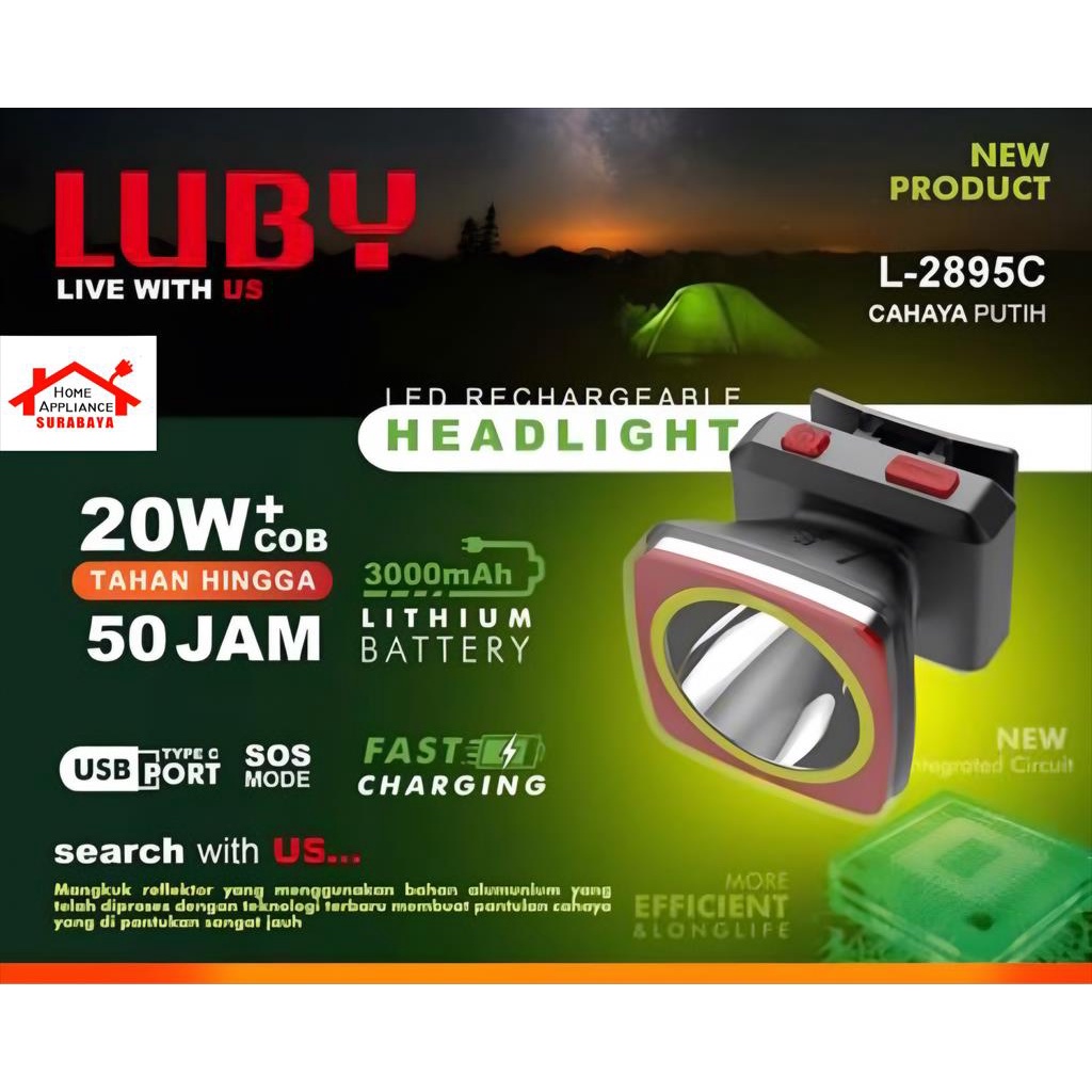 LUBY Senter Kepala Cas LED 20W 20 Watt + COB 3000mAh Cahaya Putih Tahan 50 Jam L-2895C / L 2895 C -