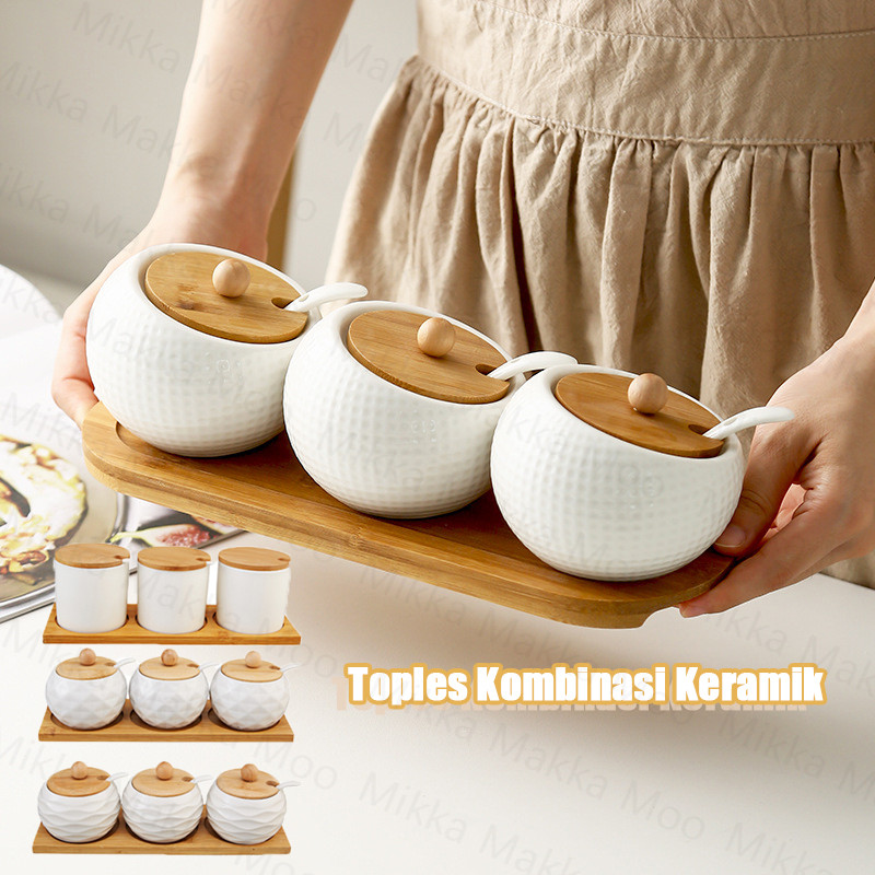 3 Dan 1 Wadah Kayu Toples Kombinasi Keramik Bumbu Dapur Unik Toples Set Bumbu Rak Bumbu Kombinasi Ru