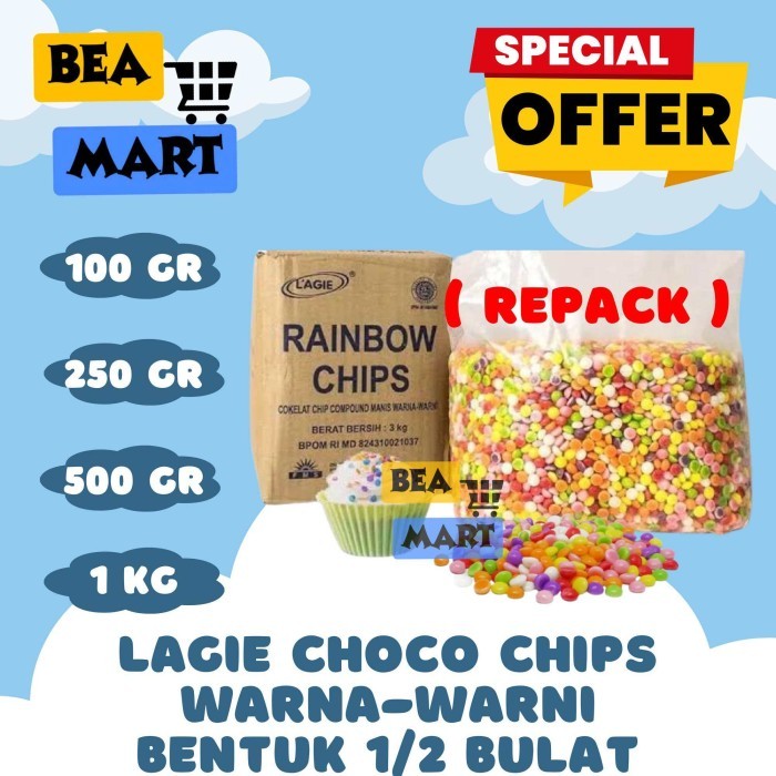 

Lagie Choco Chips Warna Warni Bentuk 1/2 Bulat 100gr 250gr 500gr 1 kg