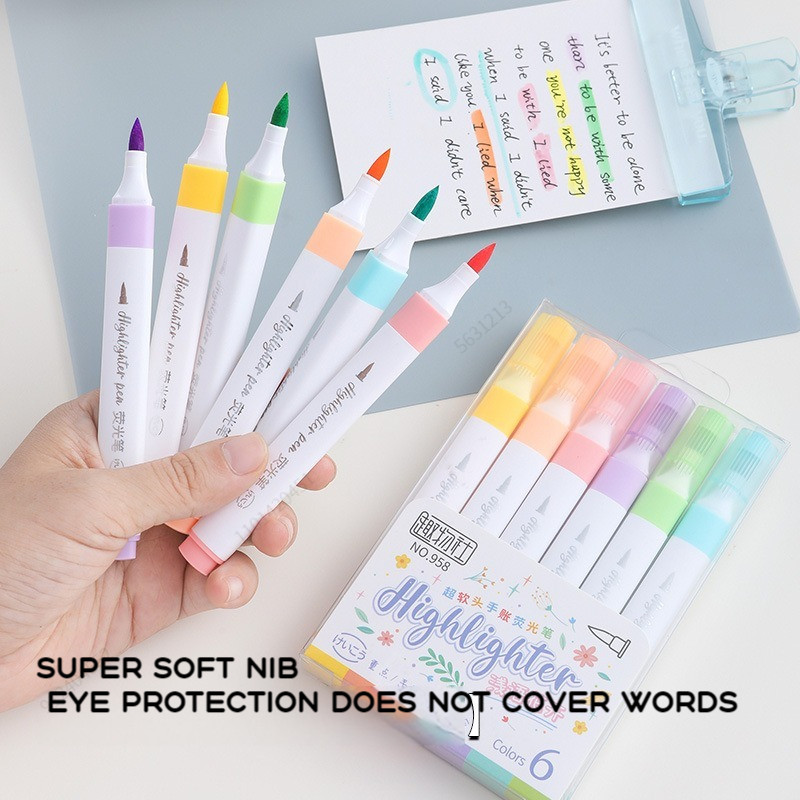 

6 Colors Kawaii Pastel Highlighter Pen Set Super soft Brush Fluorescent Markers Pens Art Marker Japanese Cute Stationery
