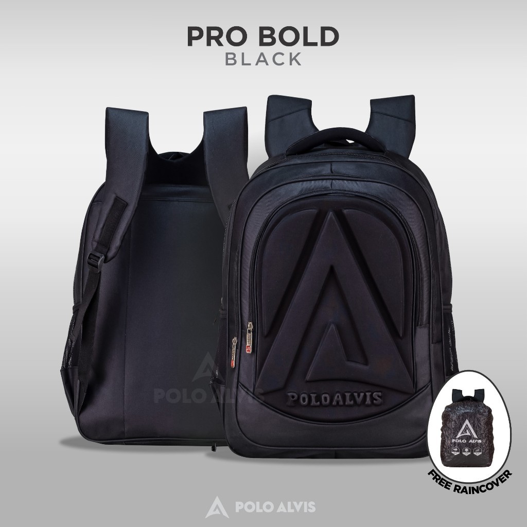 KD34ED POLO ALVIS -  Pro Bold Tas Ransel Emboss Hitam Cowok 3D 16 inch Backpack Pria Sekolah SMP SMA
