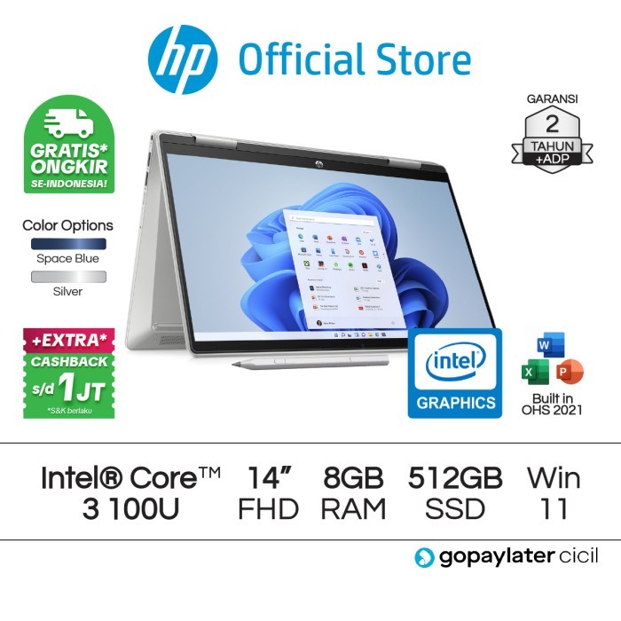 Laptop HP Pavilion x360 Intel Core 3 8GB RAM 512GBSSD W11 Home 14 Inch - 8GB/512GB, Silver