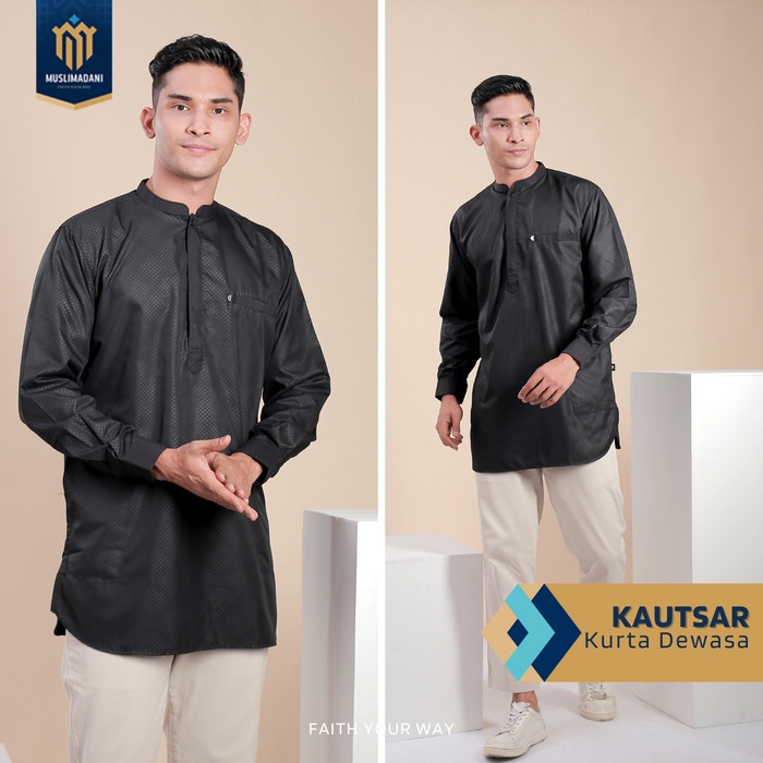 ✨NEW✨ -Koko Kurta Kautsar Muslimadani Pakaian Muslim Pria Lengan Panjang - Black (Polka), S- 1.2.23