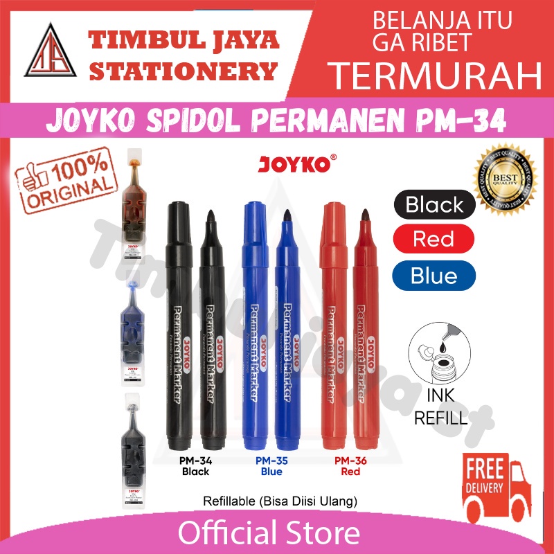 

Joyko Spidol Permanent Marker Spidol tidak bisa dihapus anti luntur Round Tip Joyko Refillable bisa di isi ulang PM 34 35 36