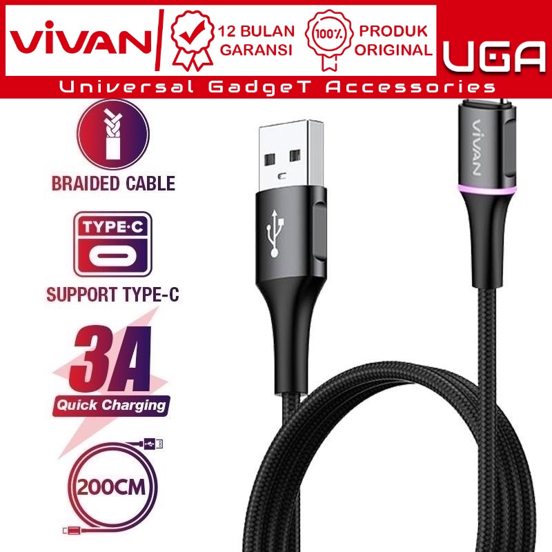 VIVAN VDC200 2M USB-C TypeC Data Cable 3A Max LED Light ORIGINAL