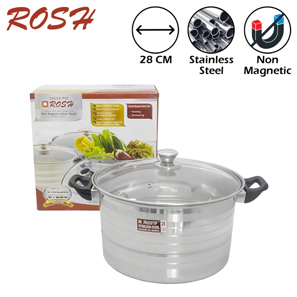 ROSH Panci / Wajan / Teflon Tumis Sop Kaldu 28 CM Stainless Steel Sauce Pot With Glass Cover ROS