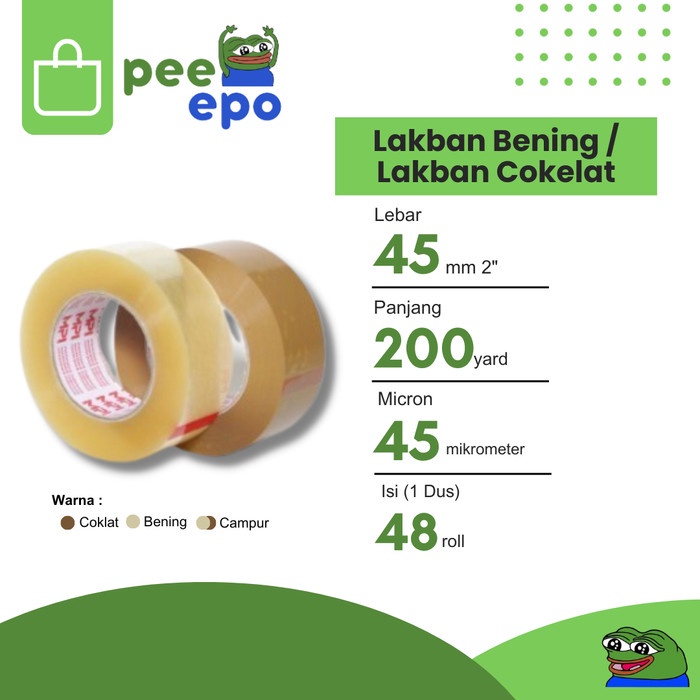 

Lakban Bening / Lakban Cokelat 45 mm x 200 Yard MPI 1 Dus isi 54 Roll