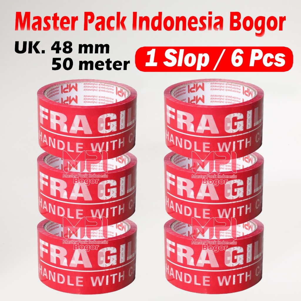 

1 SLOP / 6 PCS - Lakban Fragile Merah 48 mm x 50 yard - Handle With Care Jangan Di Banting - MPI