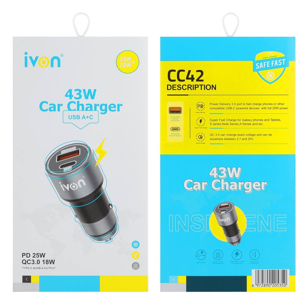 ivon 43W Car Charger PD+QC3.0 INSPIRE YOUR ENERGY TYPE-C & USB-A OUTPUT