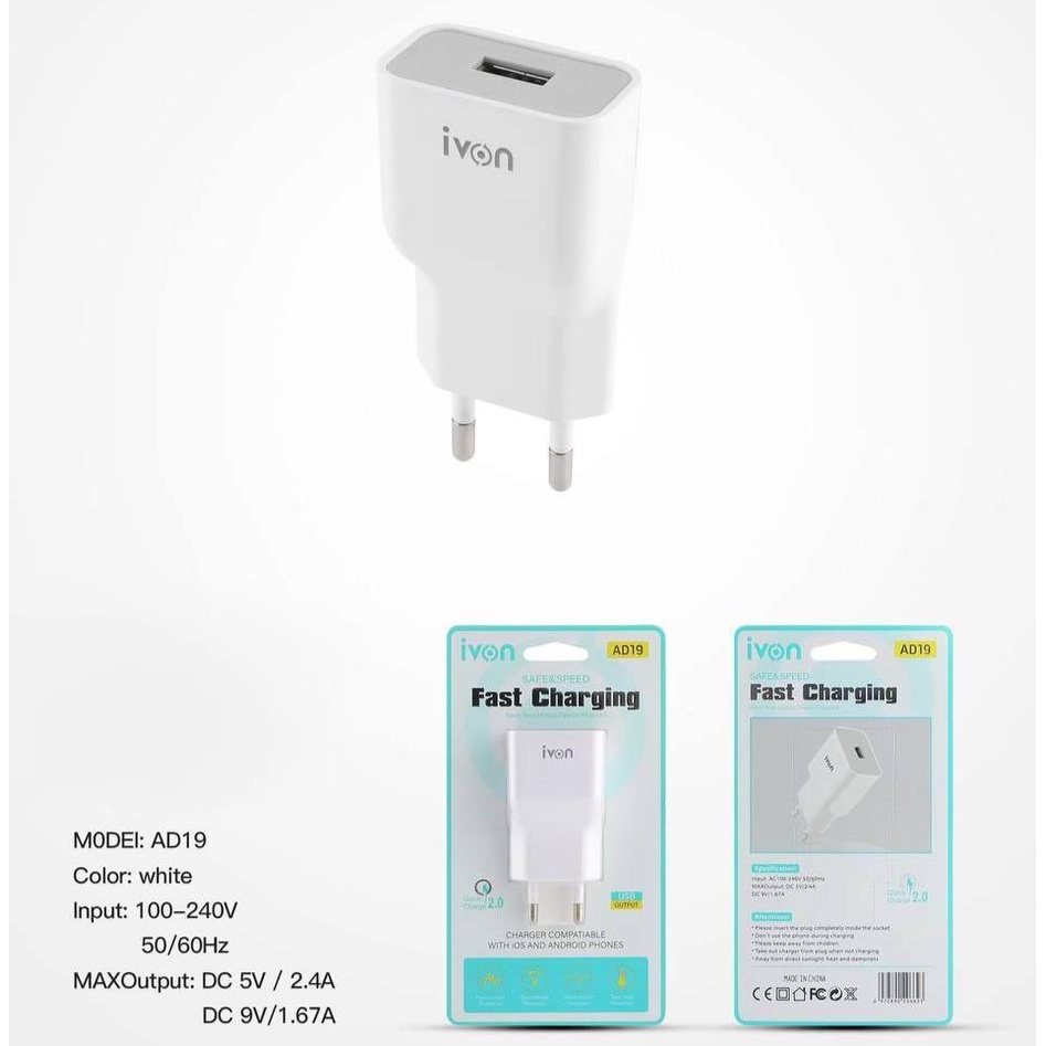 iVON SAFE & SPEED Fast Charging Keep Your Mobile Device Powered USB Kepala/Batok Charger AD19