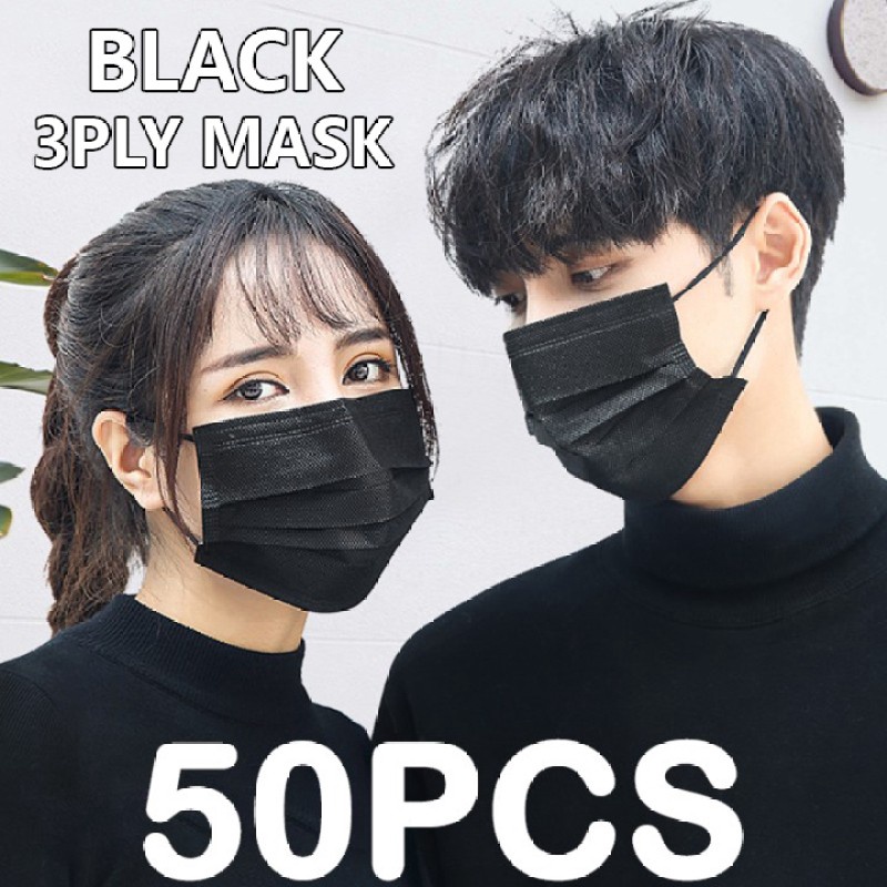 Masker 3ply Earloop Hitam Black Edition 1 box isi 50 Pcs per box