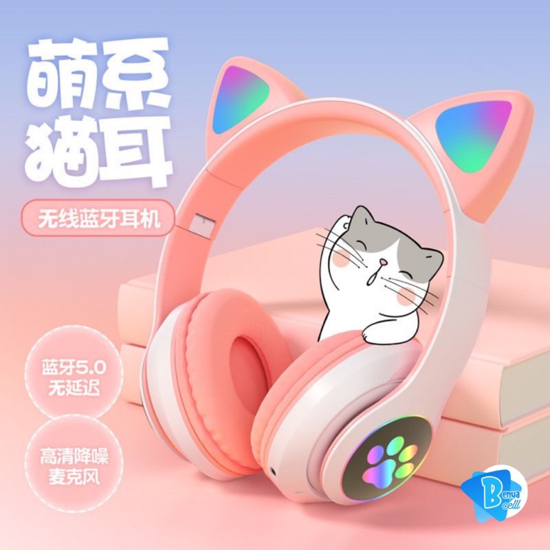 TERMURAH LED Color Light Cute Cat Ear Headphone Headset Gaming Bluetooth