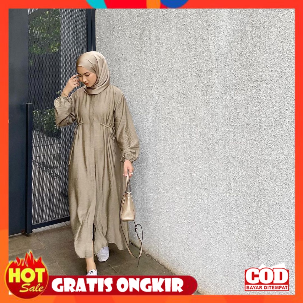 KAIN ADEM HALUS TEBAL / Gamis Midi Dress Polos Polo Linen Tali Pinggang Hazzel