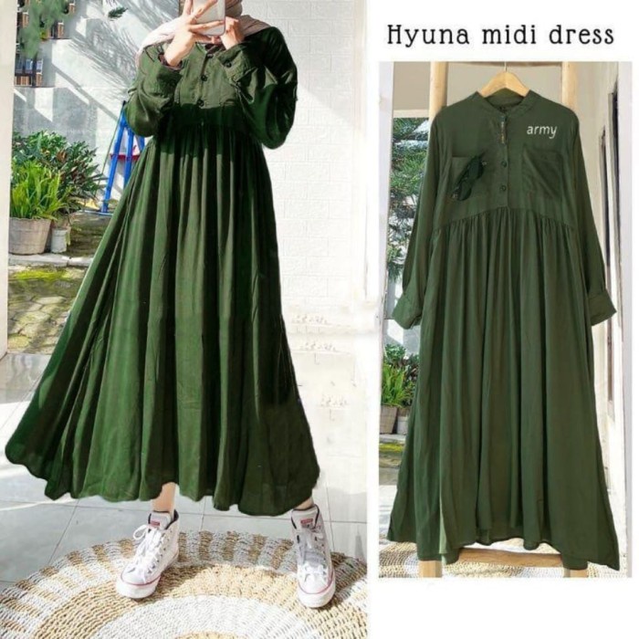 Hyuna Midi Dress Muslim Wanita - Hijau Army