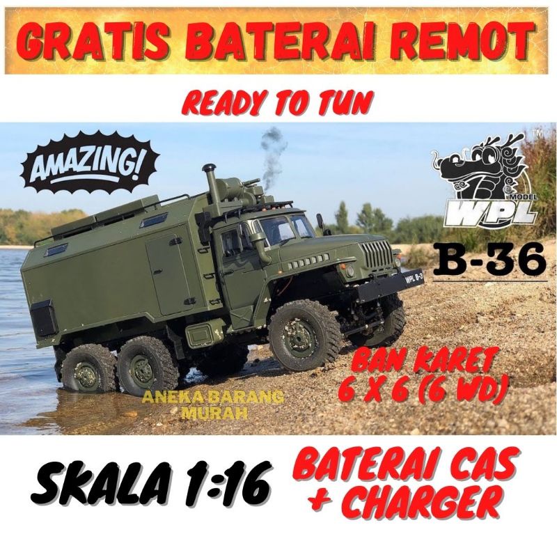 WPL B36 B-36 Propo Military Truck Ural 1/16 2.4G 6 WD RC Car Off-Road RTR Truk Abri offroad 6X6 Asli
