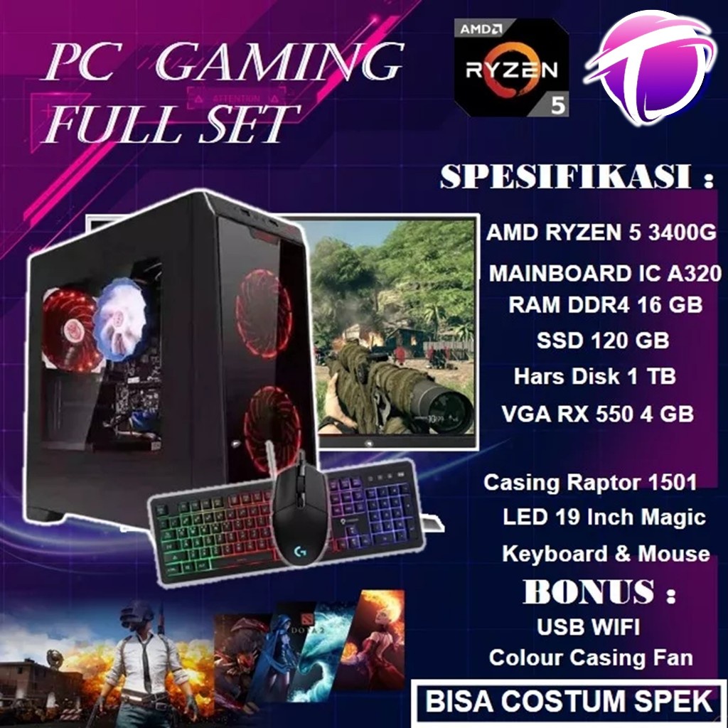 Pc Gaming Komputer Rakitan Cpu Full Set Murah RYZEN 5 Fullset VGA RX 550 4 GB Spek Dewa Siap Pakai
