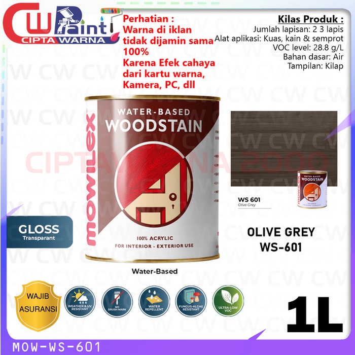 Mowilex Woodstain WaterBased Cat Pelapis Kayu Olive Grey WS 601 1L - CWK