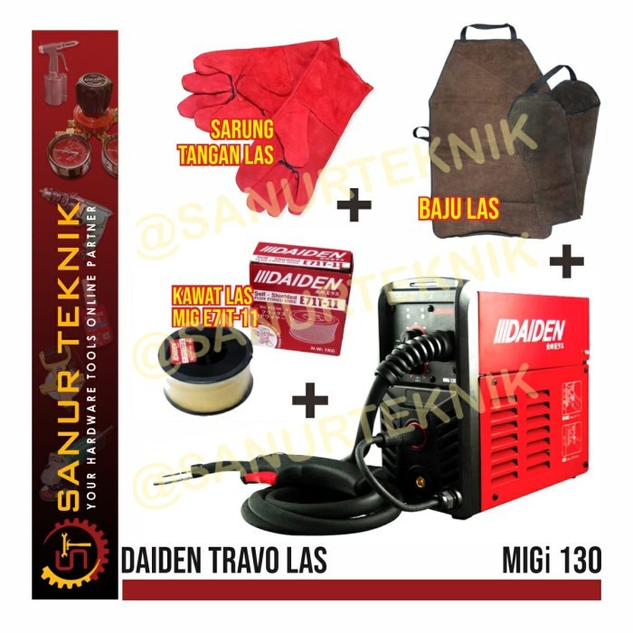 PAKET DAIDEN MIG 130 + KANNO + BAJU + SARUNG TANGAN + FLUX CORE WIRE