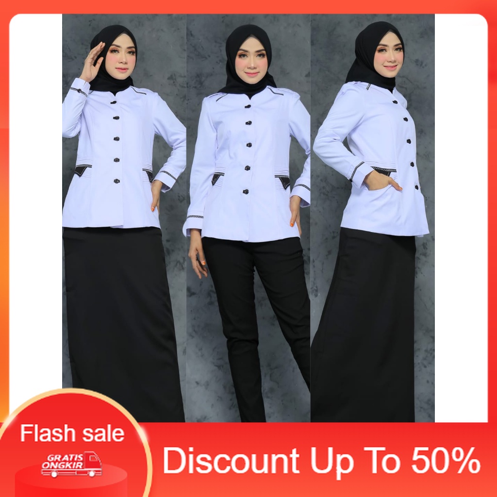 (PROMO) SERAGAM DINAS PUTIH HITAM ROK A/ROK.SPAN/CELANA PANJANG/ATASAN BAHAN KATUN SETELAN FREE HIJA