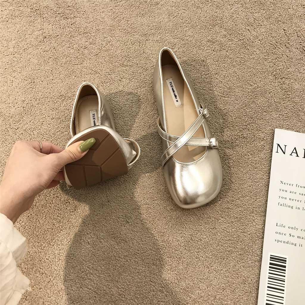 Silver single shoe female flat bottomed Mary Jane bean shoe female