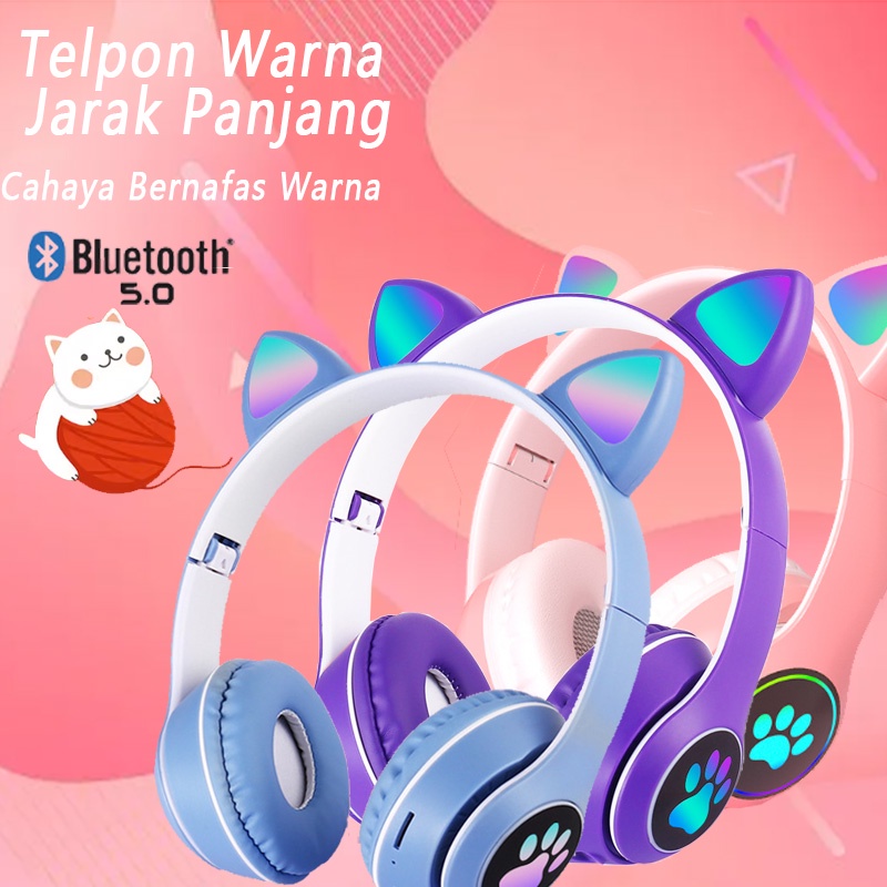 Karakter Kucing Headphone Wireless Bluetooth LED Color Light Gaming Earphone