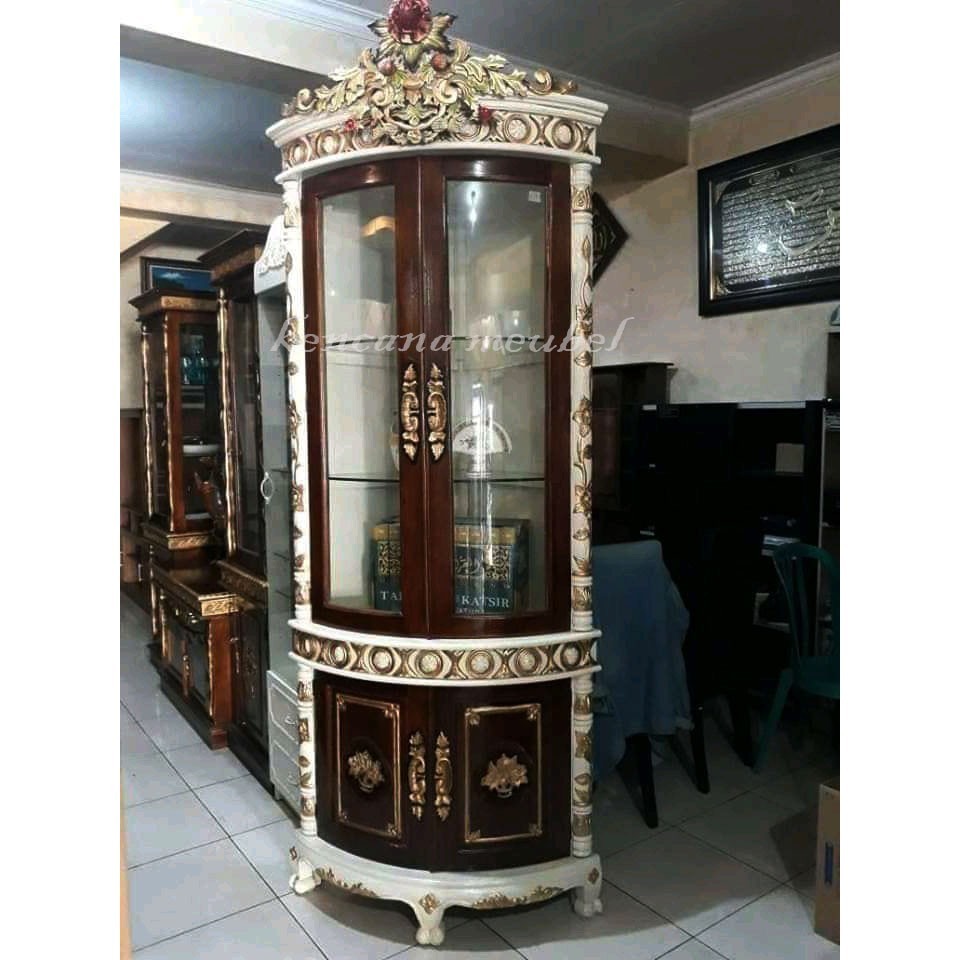 Lemari Pojok Ruang Tamu Jati Murah/Lemari Pajangan sudut Kayu jati