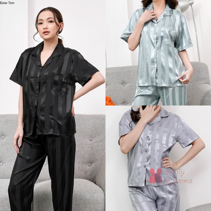 EMILY PIYAMA Baju Tidur Piyama Satin Wanita Dewasa Model Garis Lengan Pendek Celana Panjang Premium 