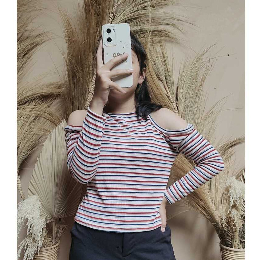 Kaos Wanita Lengan Panjang Salur Hanna Top XL PREMIUM RIB