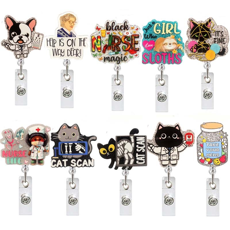 

New Glitter Acrylic Dog & Cat Badge Reel Retractable ID Badge Holder With 360 Rotating Alligator Clip Nurse Name Holder