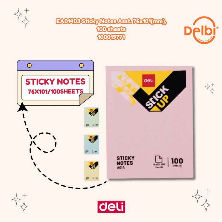 

EA01403 Sticky Notes Asst. 76x101(mm), 100 sheets DELI STIKER KERTAS CATATAN