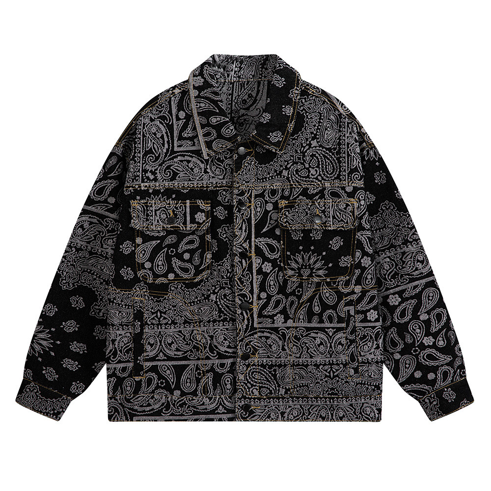 Men Paisley Bandana Print Denim Jacket Streetwear Pattern Jacquard Weave Coat Fashion Loose Long Sle