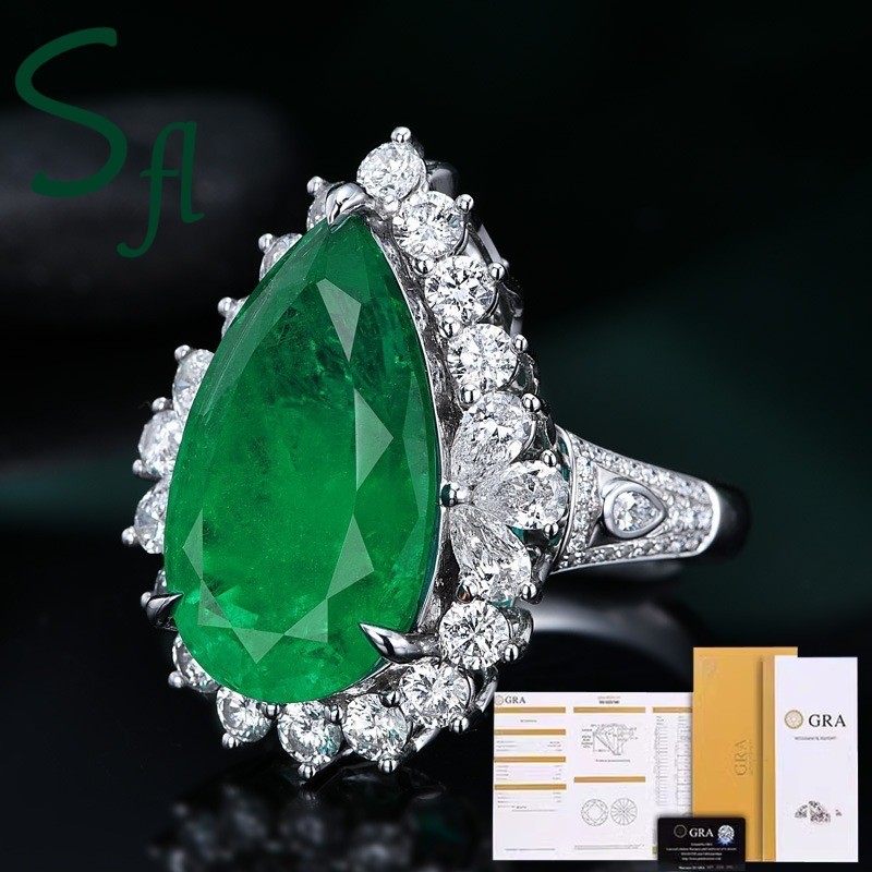 SFL Cincin Platinum Mewah Moissanite Hijau Berbentuk Buah Pir Yang Indah Dan Mulia Untuk Wanita（Deng