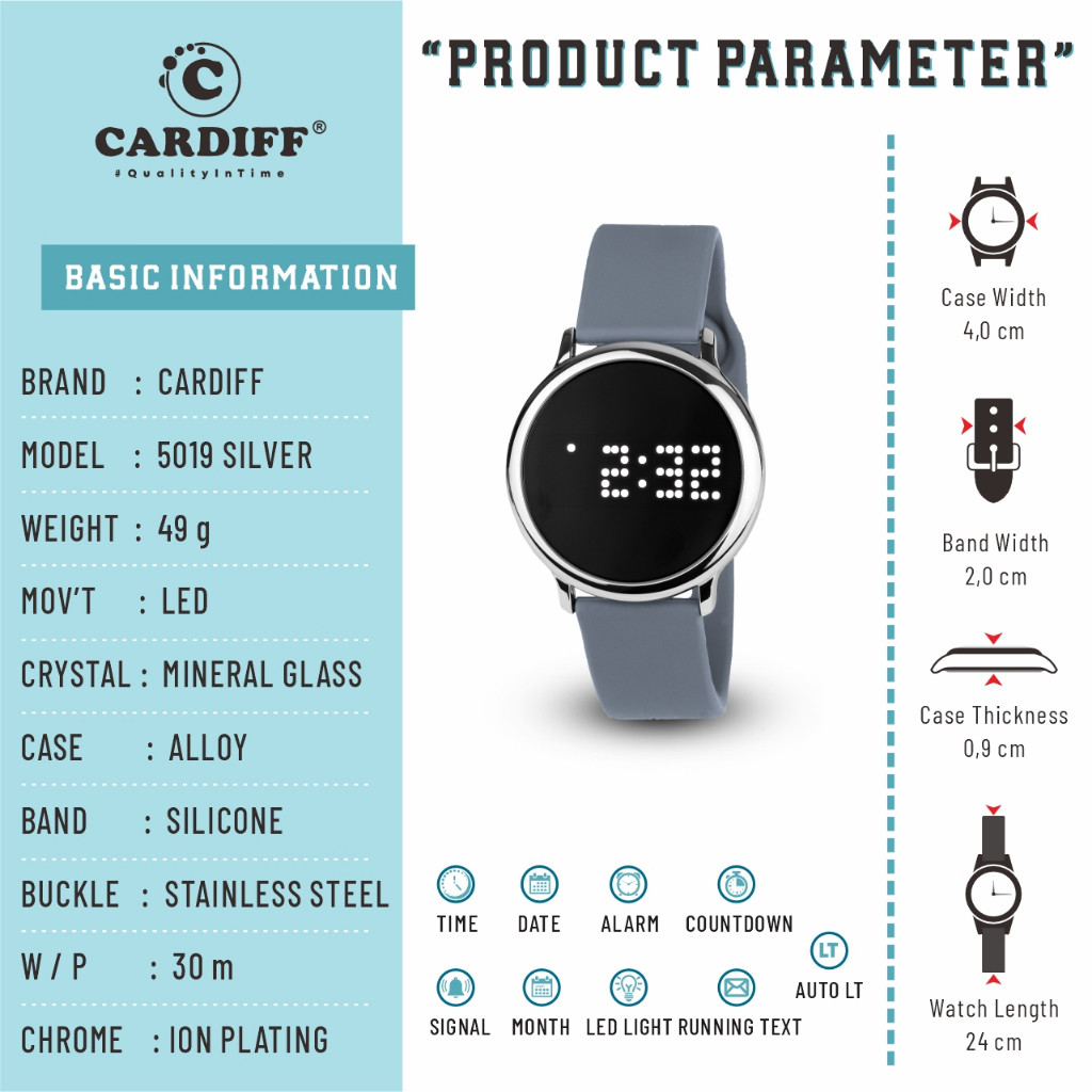 CARDIFF Watch LED 5019 SILVER Jam Tangan DIGITAL