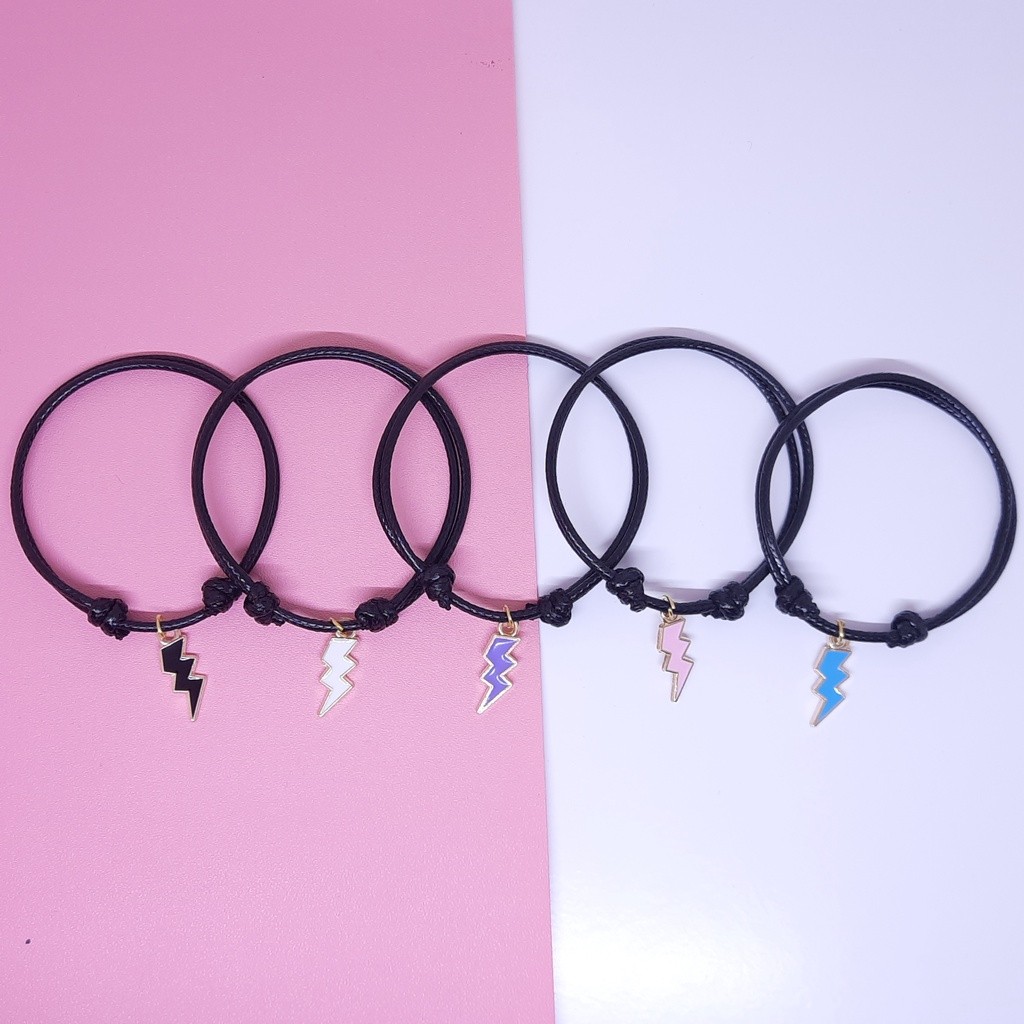 Gelang Couple Sahabat 3 Orang Liontin Petir Simple Tali Korea Hitam Polos Murah