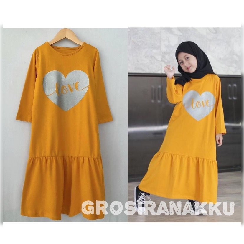 Baju Gamis Anak Perempuan Kaos  Lala  Kuning Kunyit Setelan Dress Anak Cewek Murah kekinian Premium
