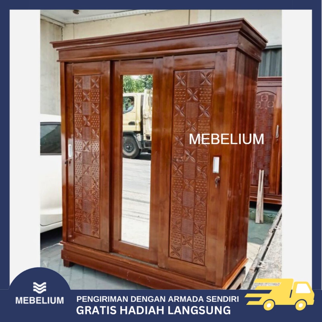[ORIGINAL] Lemari Pakaian Jati Pintu Sliding Full Rak 3 Pintu | Lemari Baju Kayu Jati 3Pintu Geser M