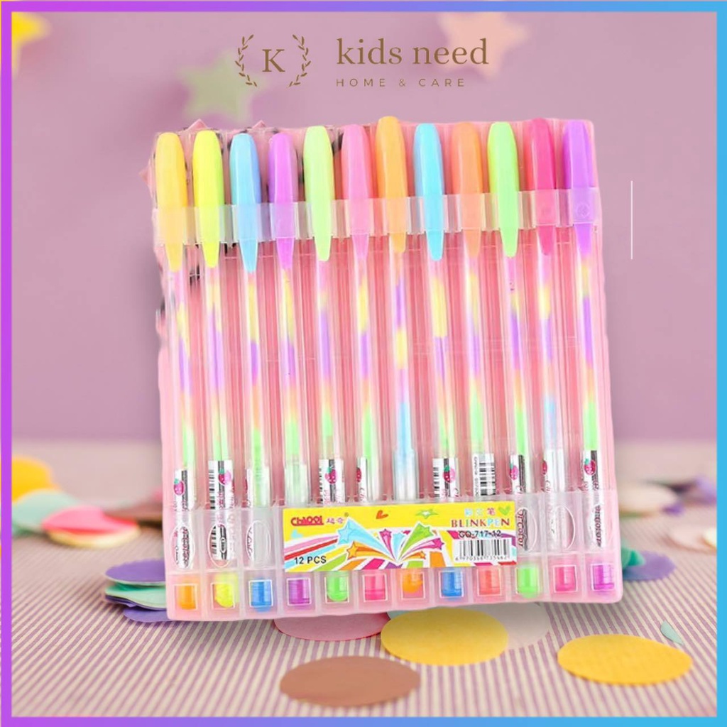 

Pen Gliter Warna Rainbow/bolpen jel pelangi/drawing pen warna/Blink pen 12 pcs